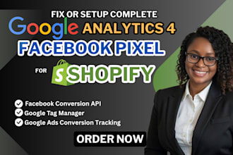 set up facebook pixel, meta data, ga4, google ads, and API tracking for shopify