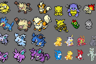 create custom fakemon pokemon style aniamtion, pixel art, sprite sheet animation