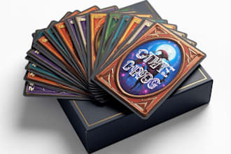 design stunning game card, playing card, tcg card, and box mockup for your card