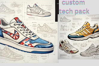 design footwear, sneakers, shoe tech pack design for manufacture and production