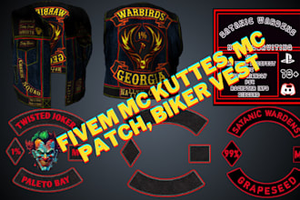 make custom fivem mc kuttes, mc patch, biker vest with ranks and side rockers