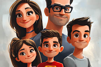 draw digital superhero cartoon caricature as family, group