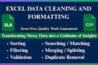 clean, organize, and format excel data, pivot tables, charts, and PDF to excel