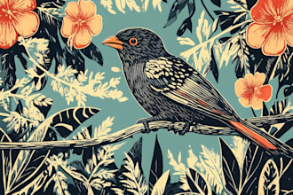 illustrate botanical and animal linocut illustration