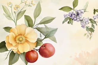 create a digital watercolor botanical illustration of flowers, plants, fruits