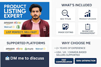list and manage products on amazon, ebay, walmart, shopify for USA, UK, canada