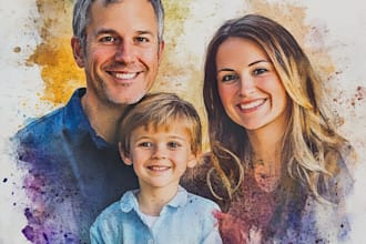 merge photos to watercolor family portrait illustration