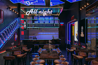 realistic modern 3d interior nightclub design, bar, pub, restaurant, stage show