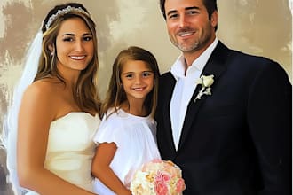 draw wedding, family portrait in digital oil painting style