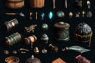 illustrate 2d game UI assets, objects, props, button design