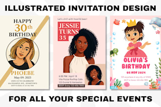 do custom illustrated greeting cards, invitations for weddings, birthdays, party