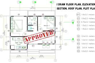 draw floor plans, elevation, section, roof, site plans, plot plans in autocad