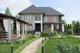 model realistic 3d exterior visualization country house design,backyard,render