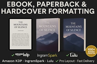 format your ebook, paperback, and hardcover for amazon KDP, ingramspark, lulu