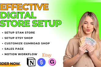 setup stan store listing, design gumroad sales page, notion workflow integration