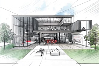 do architectural sketch rendering exterior interior concept