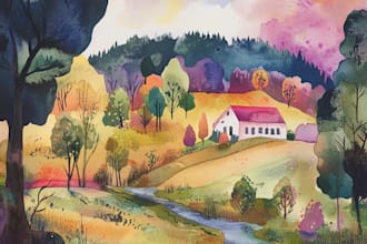 paint a watercolor and gouache landscape illustration