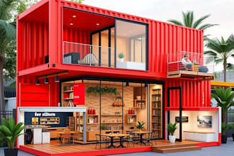 design 3d shipping container, home, house, shop, restaurant, cafe and office