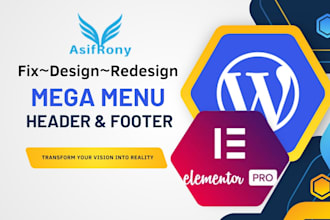 build and style responsive header, footer, mega menus for wordpress websites