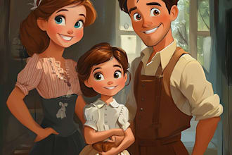 disney couple portrait illustration, family portrait