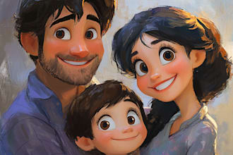 draw disney couple portrait illustration, family portrait