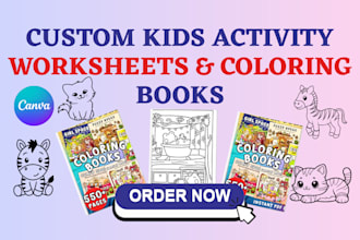 design custom kid activity book, worksheets, coloring pages and cover design