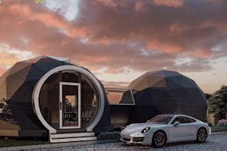 render 3d geodesic  dome house rendering, side elevation, glamping, patio design