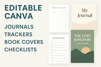 create design editable canva journals, trackers bookcovers and checklist