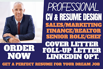write sales resume, tech sales, marketing, finance, senior role, realtor, chef