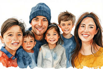 merge photos to watercolor family portrait illustration