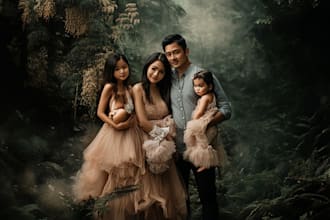 make a family portrait with digital watercolor painting in my style