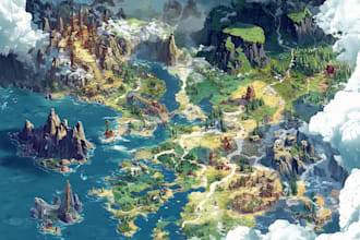 do a fantasy map illustration isometric map, 2d vector map