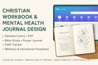 design christian workbook, mental health journal in editable canva and PDF file