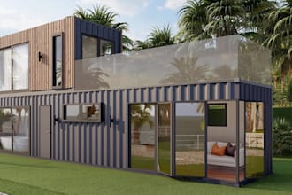design realistic 3d container restaurant, 3d cafe, 3d coffee shop, 3d rendering