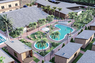 redesign tourist resort 3d render, modern 3d hut,  bar beach design, vray render