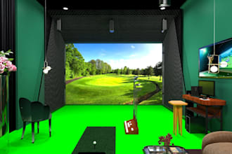 recreate 3d golf course interior,golf simulator,gymnasium,pvc floor,sport render