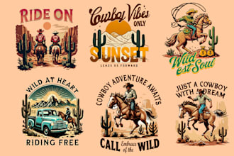 draw western cowboy logo and t shirt in vintage style