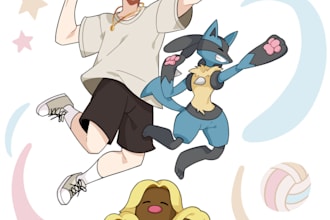 draw you as a pokemon trainer with your pokemon and fakemon art, sprite sheet