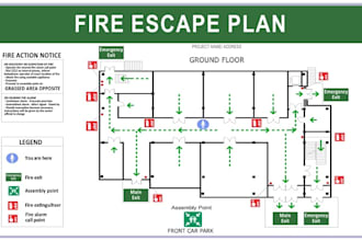 design evacuation route, fire sprinkler, fire hydrant, safety plan and alarm