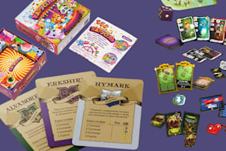 develop custom card game, board game components, tcg card game box mockup design