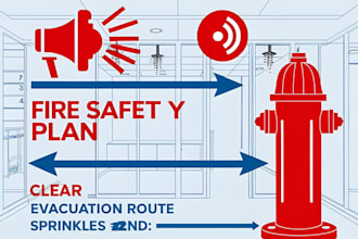 design fire safety plan, evacuation route, fire hydrant, alarm and sprinkler