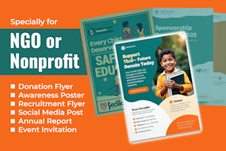 design donation flyers, awareness posters, sponsorship proposals, annual report