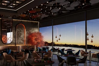 3d interior nightclub design, bar, poolside, restaurant, stage show, pub, hotel