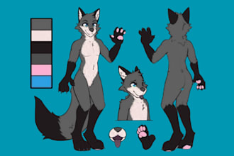 draw a detailed furry reference sheet, fursona design and oc art