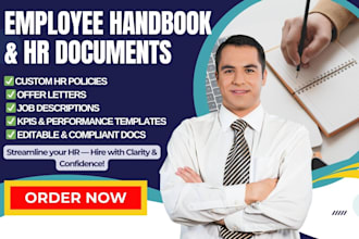 write an employee handbook, HR policies, kpi and job description offer letter