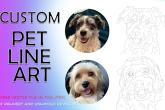 draw custom pet line art dog, cat, animal portraits