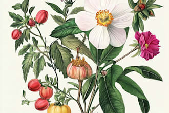 draw botanical illustrations of flowers, plants, fruits