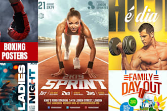 design sports, gym, church, fitness, boxing, event flyers, poster banner in 24h