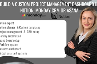 build a custom  aesthetic dashboard in notion, monday crm or asana for business