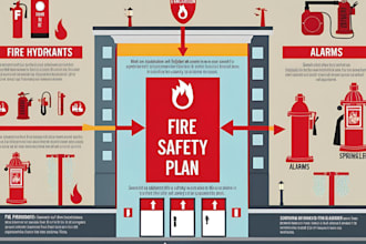 design fire safety plan, evacuation route, fire hydrant, alarm and sprinkler